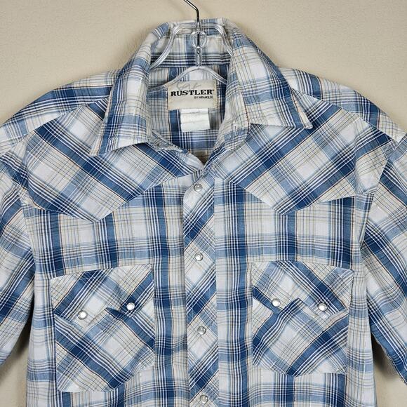 Rustler by Wrangler Mens Pearl Snap Plaid Cotton Western Cowboy Metallic Blue S - Picture 3 of 15